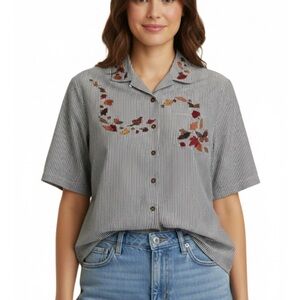 Embroidered Leaves Striped Button Front Blouse, Women’s L, Gray White